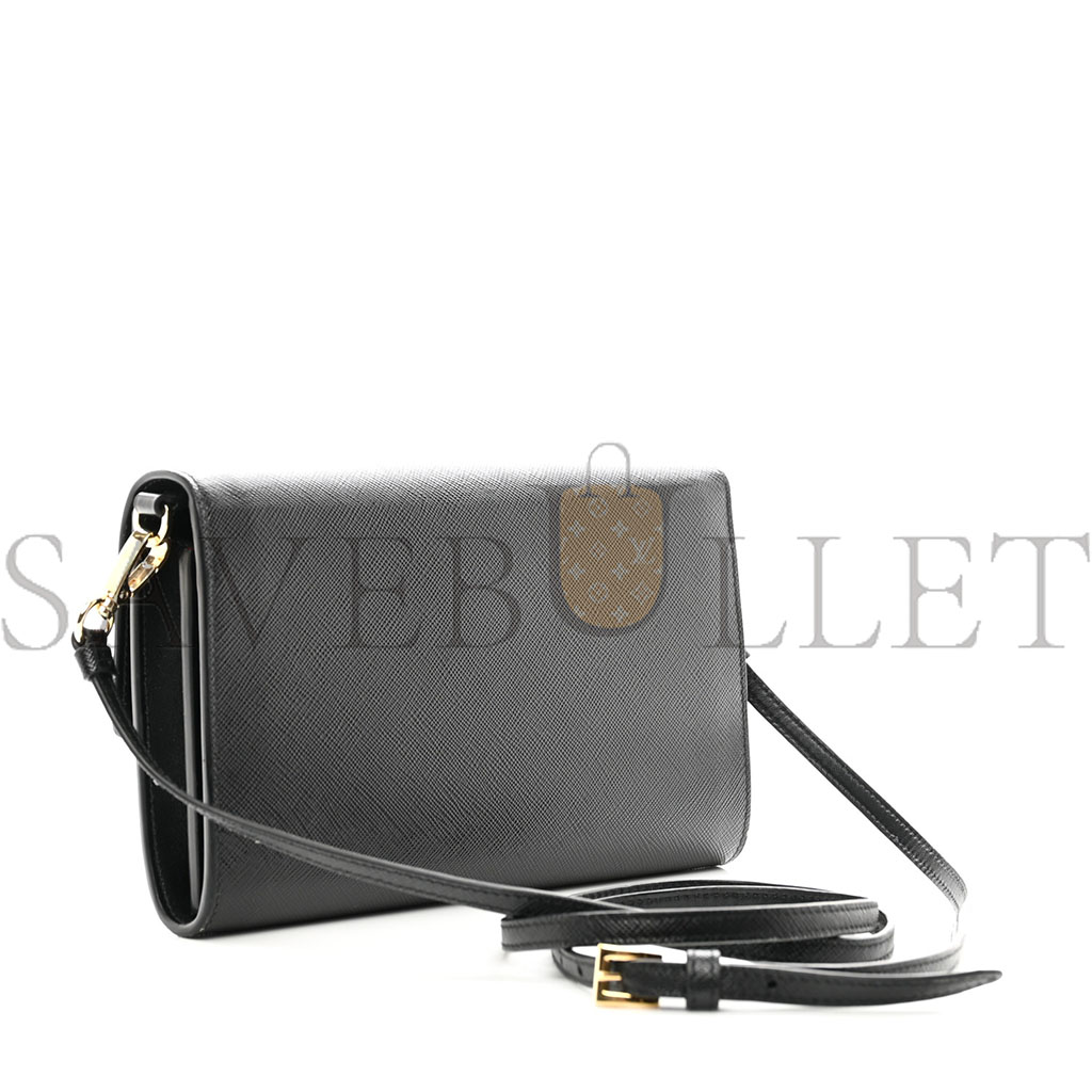 PRADA SAFFIANO WALLET WITH SHOULDER STRAP BLACK (21*14*4cm)