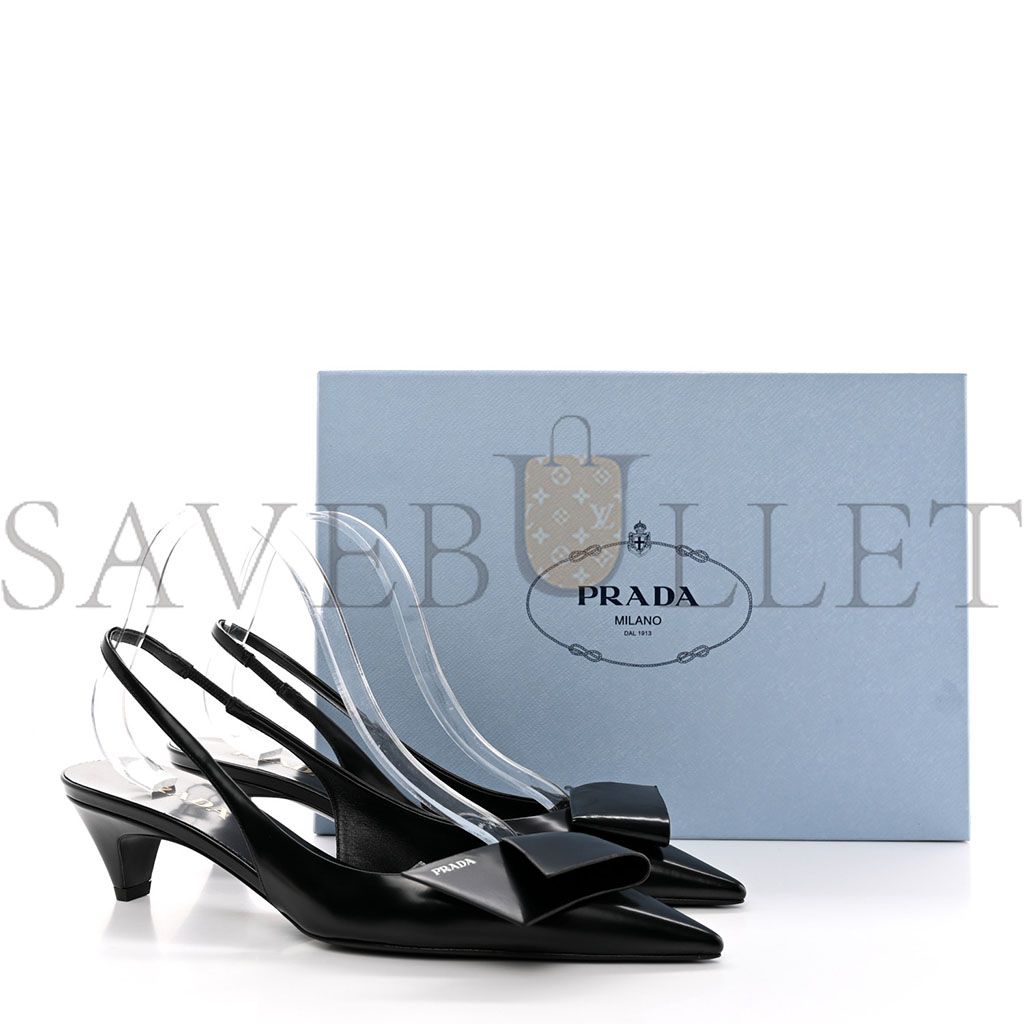 PRADA SPAZZOLATO LOGO POINTED TOE 45MM SLINGBACK PUMPS 40 BLACK