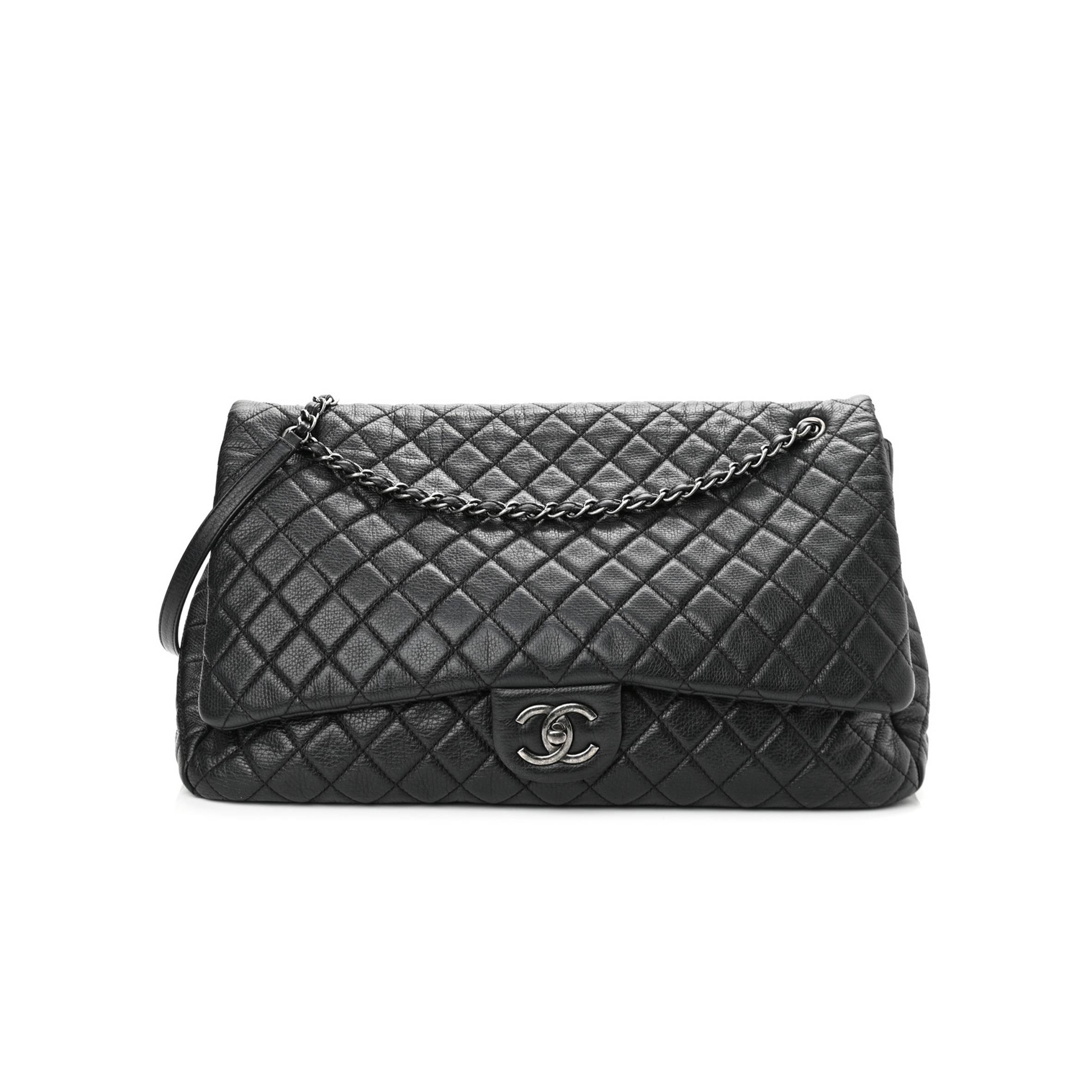 CHANEL CALFSKIN QUILTED XXL TRAVEL FLAP BAG BLACK SILVER HARDWARE (45*28*15cm)