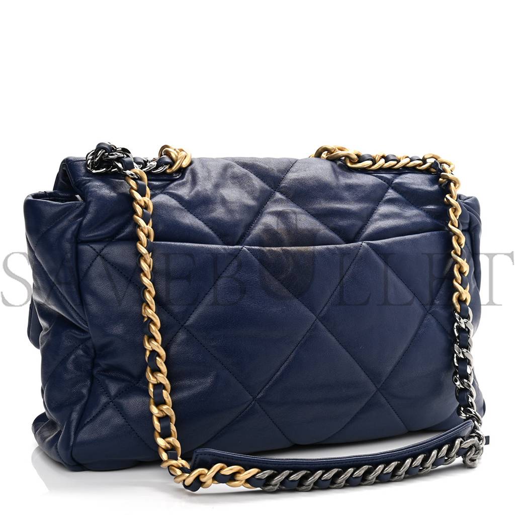 CHANEL GOATSKIN QUILTED MAXI CHANEL 19 FLAP BLUE GOLD HARDWARE (36*24*10cm)