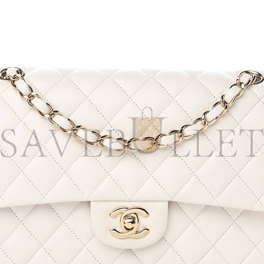 CHANEL CAVIAR QUILTED MEDIUM DOUBLE FLAP WHITE ROSE GOLD HARDWARE (25*15*6cm)