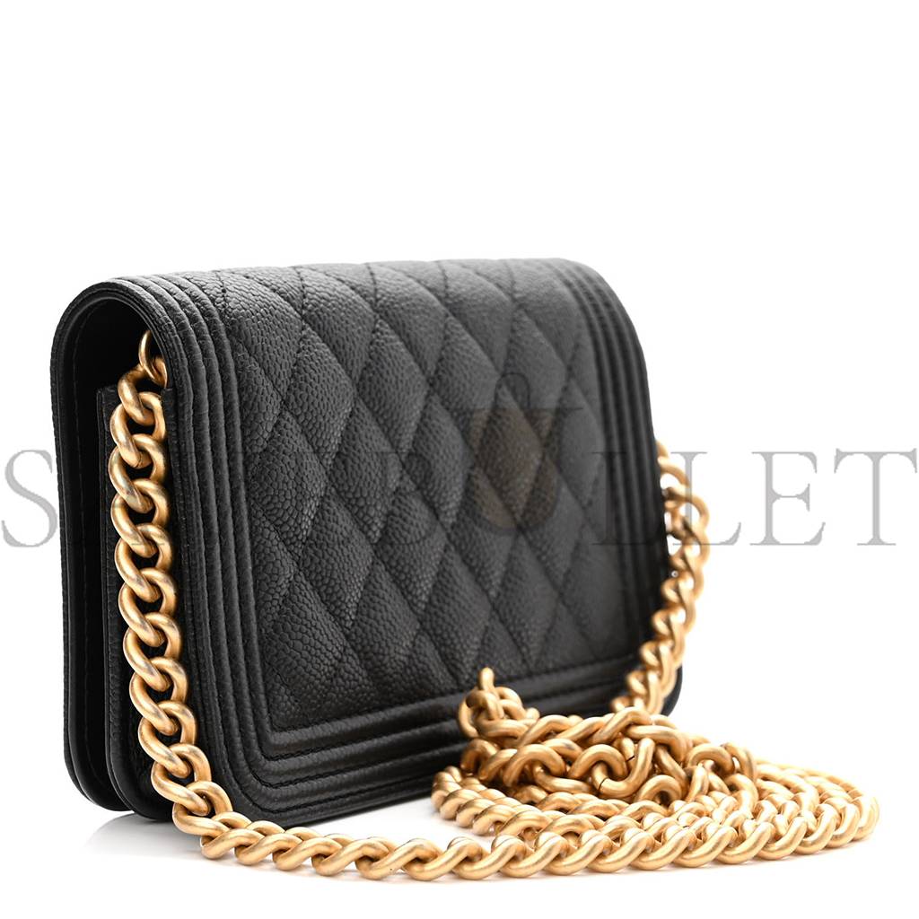 CHANEL CAVIAR QUILTED BOY WALLET ON CHAIN WOC BLACK GOLD HARDWARE (19*13*5cm)