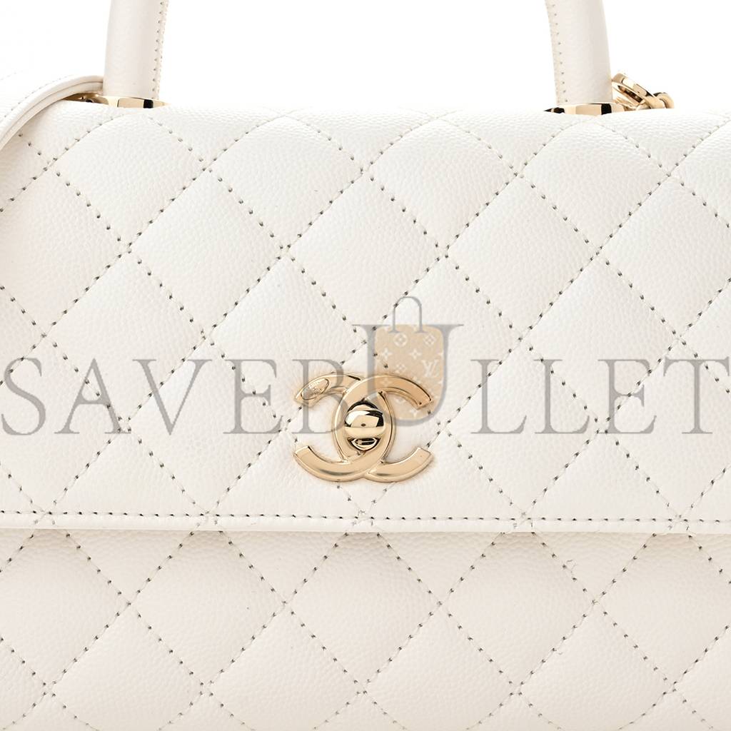 CHANEL CAVIAR QUILTED MINI COCO HANDLE FLAP WHITE GOLD HARDWARE (23*15*9cm)