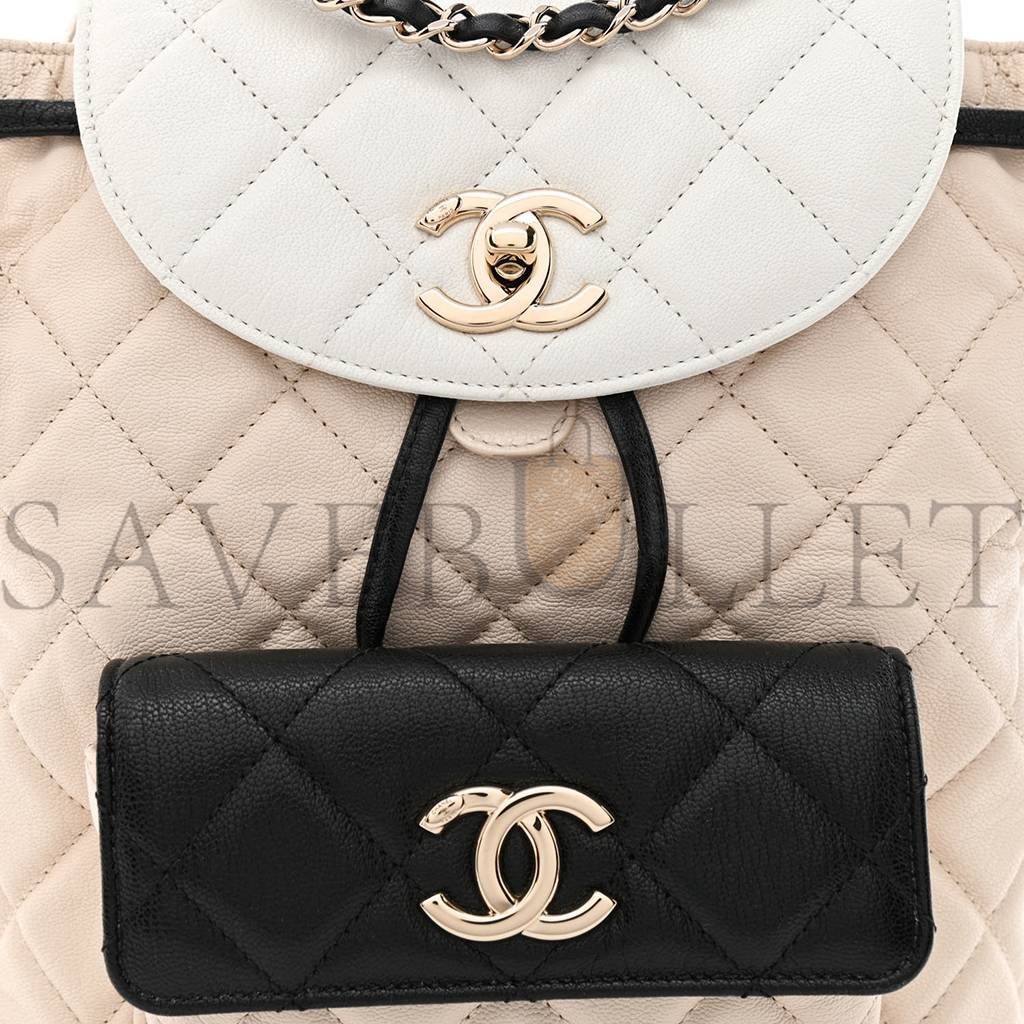 CHANEL GOATSKIN QUILTED DUMA DRAWSTRING BACKPACK BEIGE BLACK WHITE ROSE GOLD HARDWARE (23*22*12cm)