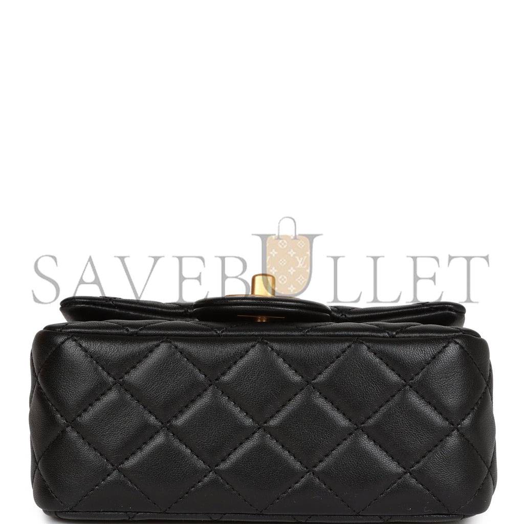 CHANEL PEARL CRUSH MINI SQUARE FLAP BAG BLACK LAMBSKIN ANTIQUE GOLD HARDWARE  (17*14*8cm)