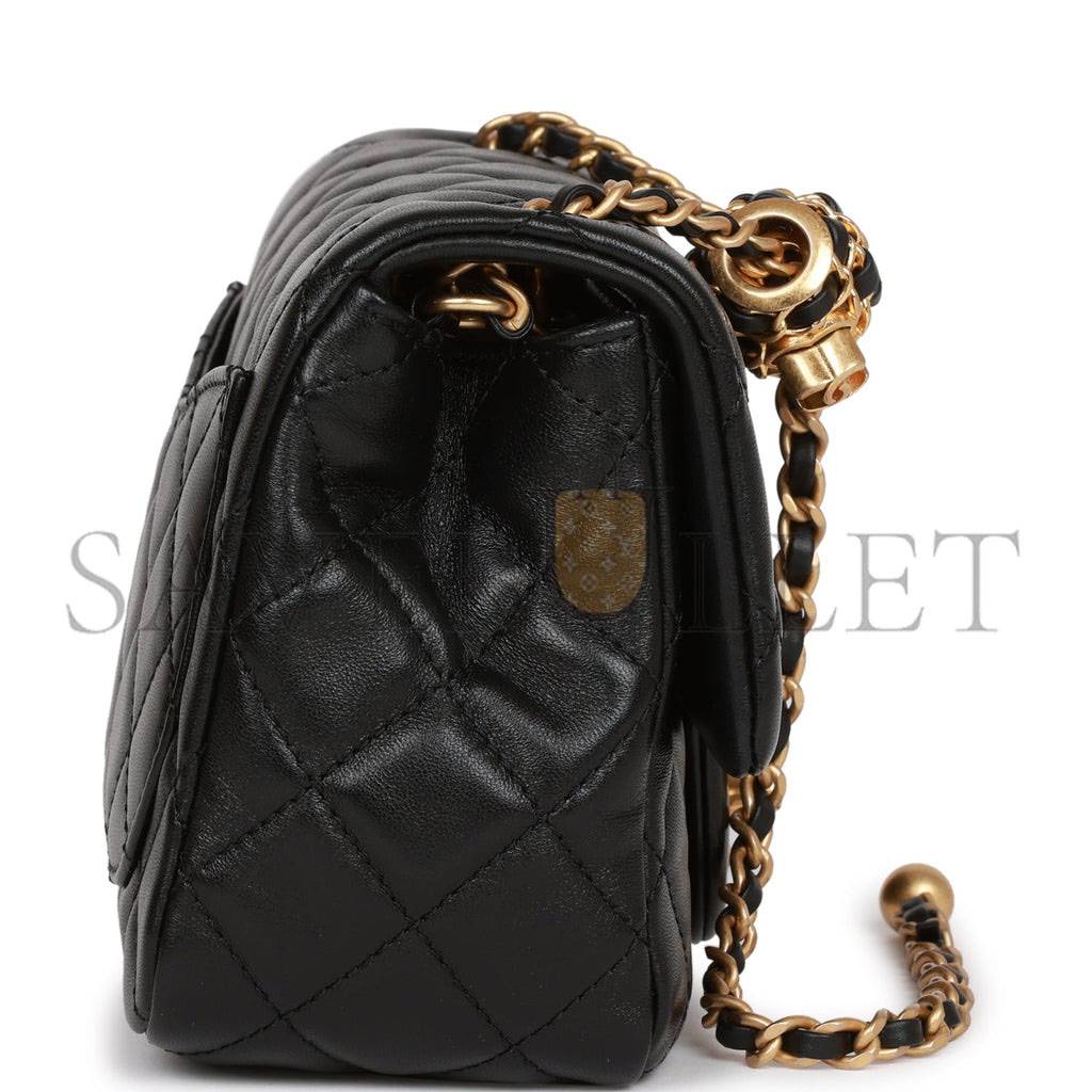 CHANEL PEARL CRUSH MINI SQUARE FLAP BAG BLACK LAMBSKIN ANTIQUE GOLD HARDWARE (17*14*8cm)