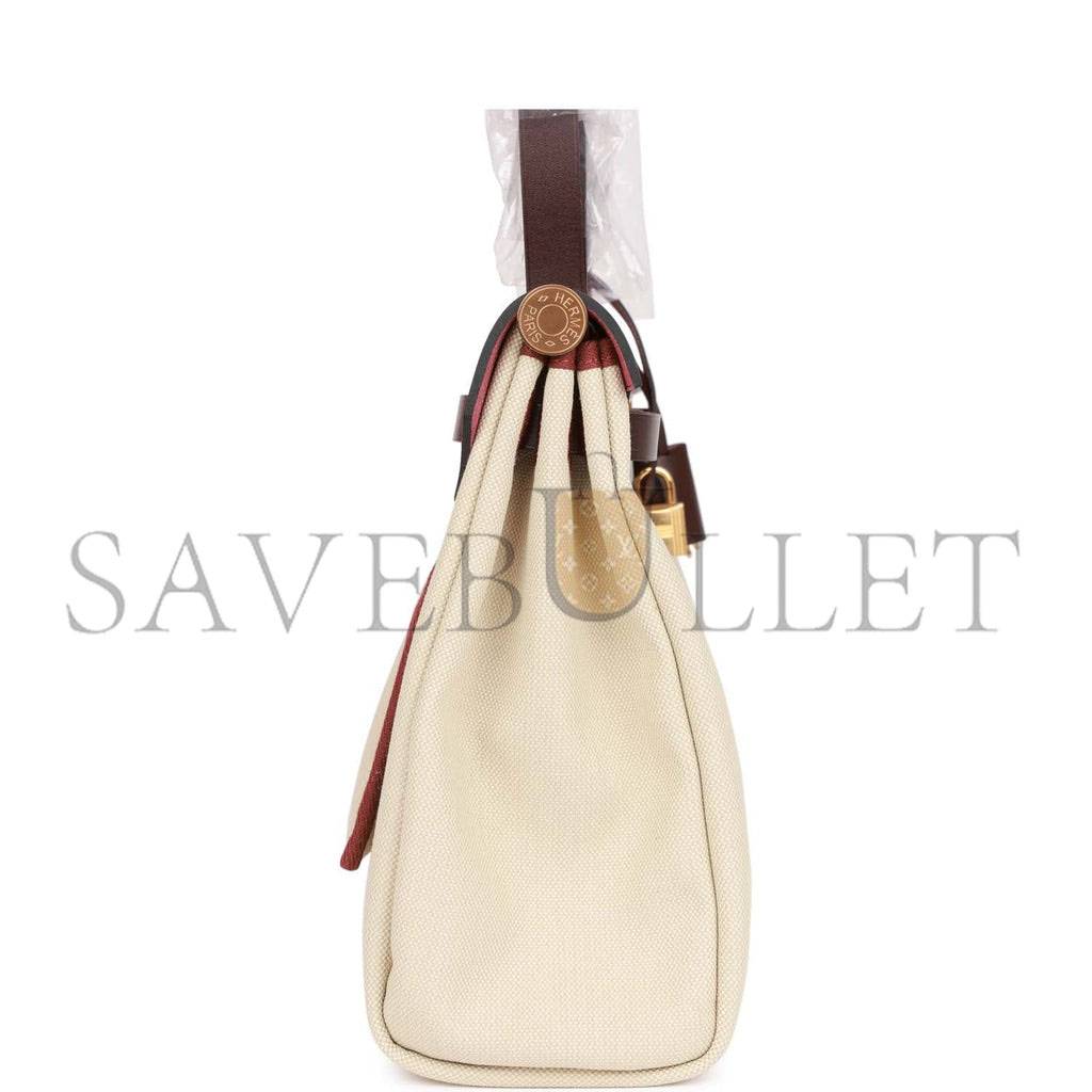 HERMES HERBAG ZIP PM 31 BETON TOILE H BERLINE ROUGE SELLIER HUNTER GOLD HARDWARE (30*27*11cm)