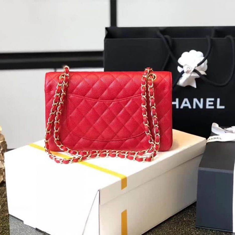 CHANEL CLASSIC FLAP SMALL RED CAVIAR LEATHER GOLD HARDWARE (23*14.5*6cm)