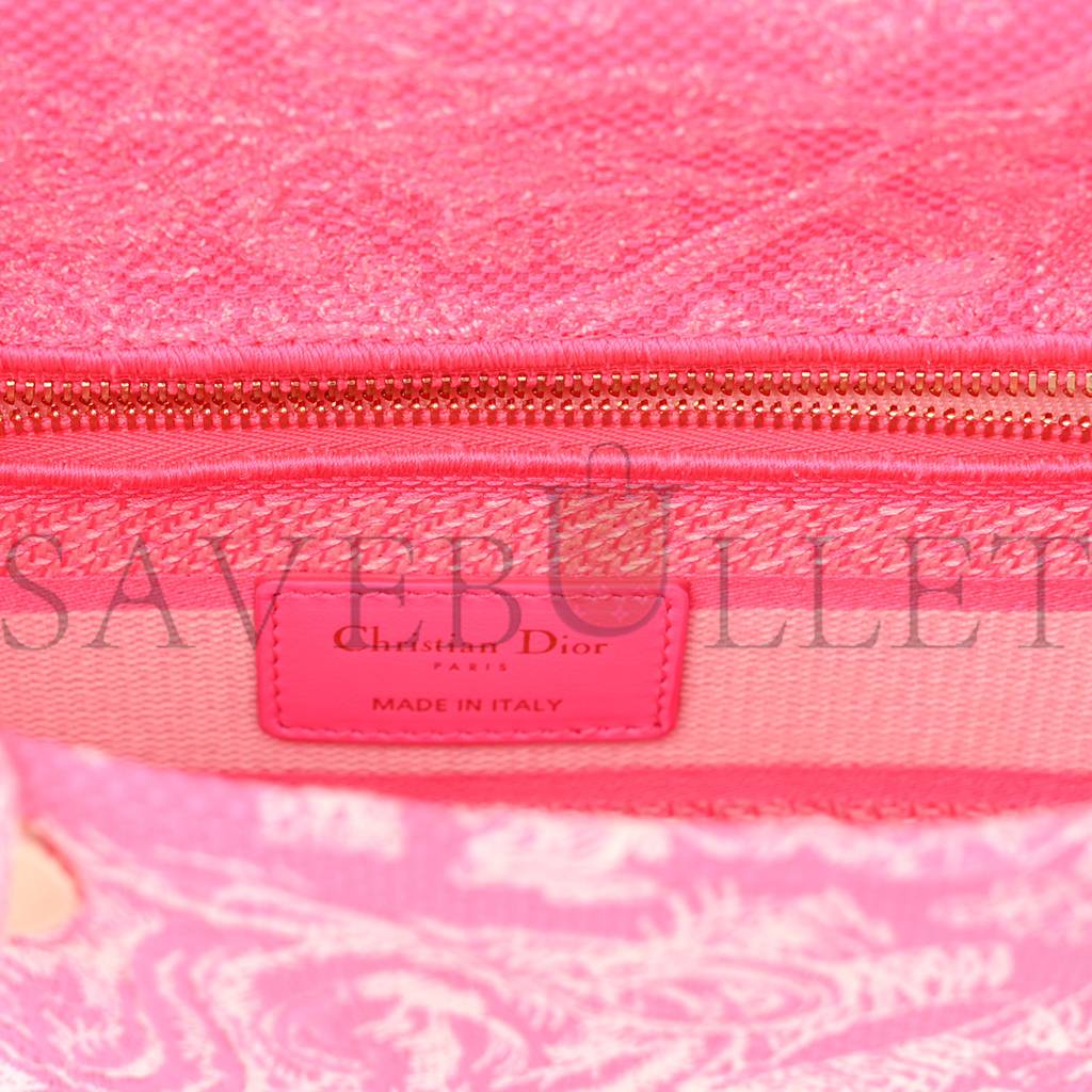 DIOR CANVAS TOILE DE JOUY REVERSE EMBROIDERED MEDIUM LADY D-LITE FLUORESCENT PINK (24*20*11cm)