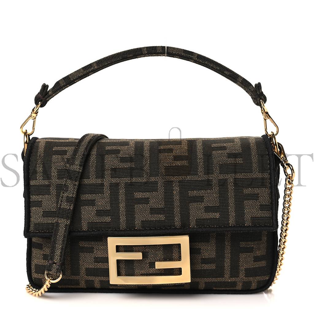 FENDI FABRIC JACQUARD FF 1974 MINI BAGUETTE TOBACCO MORO BLACK (19*11*5cm)