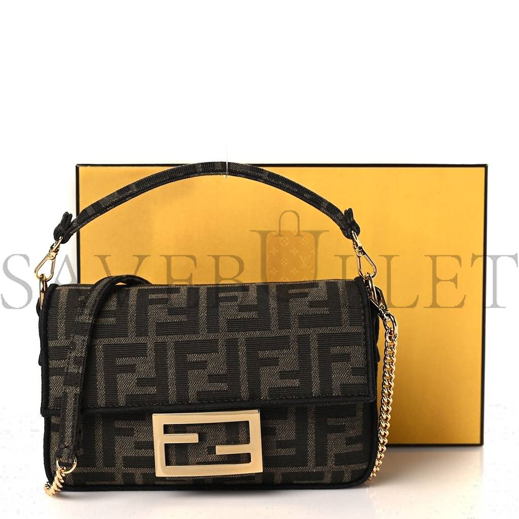 FENDI FABRIC JACQUARD FF 1974 MINI BAGUETTE TOBACCO MORO BLACK (19*11*5cm)